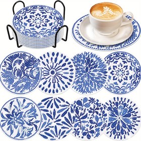 Resim 8 adet DIY Elmas Boyama Bardak Altlığı Seti, 10x10 cm Ahşap Yuvarlak Bardak Altlıkları Mavi ve Beyaz Porselen Çiçek Tasarımı, Tutucu ile El Sanatları Malzemeleri, İdeal Noel Hediyesi 