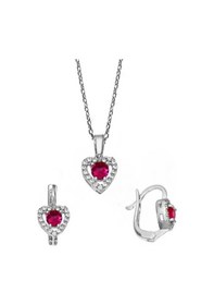 Resim Kalp Motifli Ruby Zirkon Taşlı Gümüş Set - S016802 