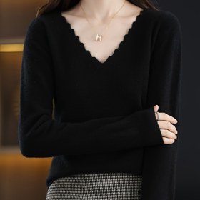 Resim Scallop Trim V Yaka Kazak, Sonbahar ve Kış için Rahat Uzun Kollu Kazak, Kadın Giyim 