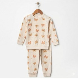 Resim Kız Çocuk Kelebek Desenli %100 Pamuk İnterlok Kumaş Pijama Takımı 3-6 Yaş Krem 