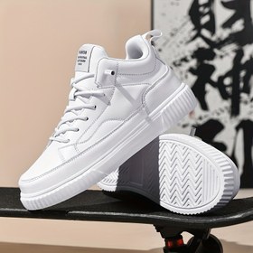 Resim Erkeklerin Trendy Solid Kaykay Ayakkabıları, Erkeklerin Açık Hava Aktiviteleri için Rahat Kaymayan Rahat Sokak Stil Sneaker'ları 