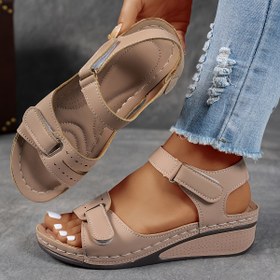 Resim Kadınlar için Bej Espadril Kama Sandaletler - Rahat Açık Burun, Konforlu Ayak Bileği Kayışı, Nefes Alabilen PU Taban, Kadınlar İçin Yazlık Plaj Düzleri 