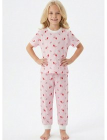 Resim Bunny Hopp Kiraz Desenli Çizgili Kısa Kollu Kız Çocuk Pijama Takımı - %100 Pamuklu Pembe Uyku Seti Pembe - Beyaz 