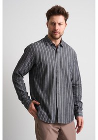 Resim Alexandergardı Çizgili Uzun Kollu Erkek Keten Gömlek Eg-1866 Siyah - Gri 