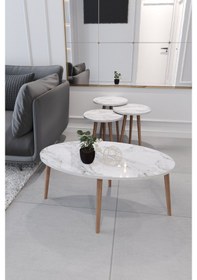 Resim Tokyo Orta Sehpa Ve Zigon Sehpa 4'Lü Salon Seti - Beyaz Mermer 