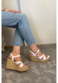 Resim Preshley Kadın Bery Beyaz Cilt Çapraz Bant Yüksek Dolgu Mantar Taban Ayakkabı & Sandalet K-900 Beyaz 
