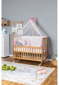 Resim Ahşap Beşik Anne Yanı Beşik Vernikli 60x120 - Pembe Yıldız 3 Yastıklı Uyku Seti+yataklı+tekerlekli Ahşap 