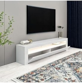 Resim Batı LED Işıklı 2 Kapaklı TV Sehpası - 150 cm - Minimal Tasarım, Parlak Beyaz 