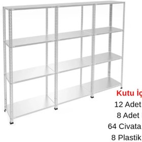 Resim RafBurada 4 Katlı 3'lü Galvaniz Çelik Raf - Depo, Arşiv, Kiler, Dosya, Market Rafı 43x60 cm-150 cm-1.00 mm 