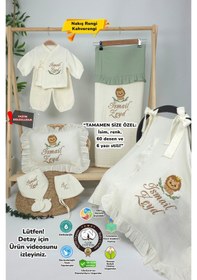 Resim Gros Shop Müslin Yeni Doğan 4katlı Organik %100pamuk Kişiye Özgü Nakışlı Hastane Çıkış Seti Aslan Model-2 Ekru-1 