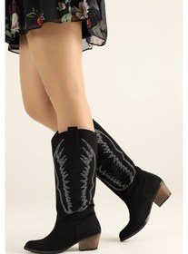 Resim Asya Uzun Western Çizme Kovboy Kadın Çizme Siyah-Süet 