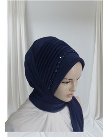 Resim NurAy Simli lacivert işlemeli hazır türban hazır şal abiye şal 