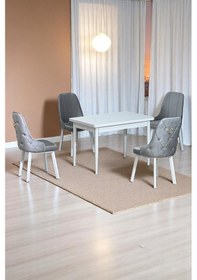 Resim Still Beyaz Mdf 70x110 Sabit Mutfak Masası Takımı Beyaz Metal Ayak 4 Gri Sandalye Gri 