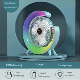 Resim Masaüstü Vantilatör USB Şarjlı Rgb LED Işıklı 3 Kademeli 180° Ayarlanabilir Soğutucu Fan Mavi 