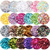 Resim Paletler Payet 3mm Gümüş Baz Karışımı AB Renkleri Düz Yuvarlak PVC Gevşek Payetler Dikiş El Sanatları için Düğün Dekorasyon Giysiler DIY Aksesuarı 20g (6000 adet) 