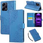 Resim Redmi Note 12 Pro 5g Gül Çiçek Kabartmalı 3 Kart Yuvaları Deri Telefon Kılıfı Mavi 