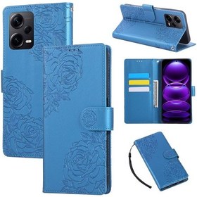 Resim Redmi Note 12 Pro 5g Gül Çiçek Kabartmalı 3 Kart Yuvaları Deri Telefon Kılıfı Mavi 
