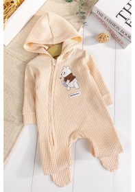 Resim Babymod Kapişonlu Ayıcık Desenli 100% Pamuk Erkek Bebek Tulum Bej 