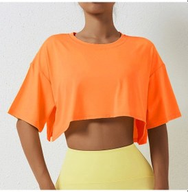 Resim Snapbuy Kadın Pamuk Spor T-shirt - Yoga Koşu Dans Giysi Göbek Baring Üstturuncu Turuncu 