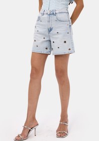 Resim Kadın Kot Rengi 4s6-3 Relax Mom Kuş Gözü Detaylı Tasarım Denim Şort - KOT / 36 
