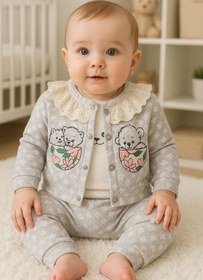 Resim Babydonat Brode Işlemeli Kalp Desenli 3'lü Hırkalı Kız Bebek Takım 