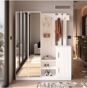 Resim L'occi Concept Wood Aynalı Kapaklı Askılı Vestiyer Portmanto Ayakkabılık Beyaz 