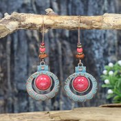 Resim Vintage Boho Kadınlar İçin Sarkıt Küpeler Yuvarlak Kırmızı Akik Kakma Çinko Alaşım Büyük Halka Küpe Çiviler 