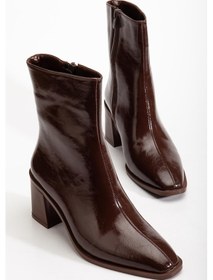 Resim Kahverengi Kadın Kalın Topuklu Bot Rugan Küt Burun Yüzüdüz-4256 Kahve 