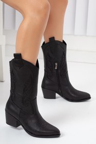 Resim Bak Store Siyah Cilt Siyah Nakışlı Fermuarlı Western Kadın Kovboy Çizme 