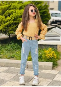 Resim Modavals Yırtık Kotlu Askılı Bürümcük Kumaşlı Kız Çocuk Kombin Sarı 