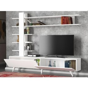 Resim Dekorister Aleyna Duvar Raflı Kitaplıklı Tv Ünitesi Beyaz 