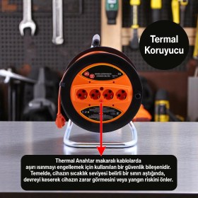 Resim Makaralı CCA Uzatma Kablosu 3x1.5 mm 20 Metre Termal Sigortalı Plastik Seyyar Makara 4 Prizli Monofaze 