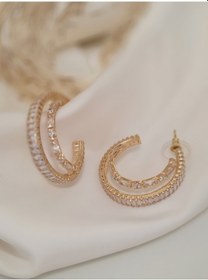 Resim İkili Yarım Halka Model Zirkon Taşlı Antialerjik Vip Halka Gold Renk Küpe Antialerjik Gold 