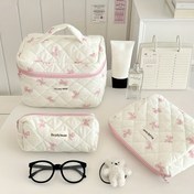 Resim Büyük Kadın Seyahat Makyaj Çantası, Pembe Fiyonklu Katlanabilir ve Geniş Kapasiteli Çok Amaçlı Taşınabilir Tuvalet Çantası, Dayanıklı Ve Kolay Temizlenebilir, Evde Okulda Veya Yolculukta Uygundur - Anne Günü İçin Mükemmel Hediye 