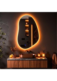 Resim Nelyos Amber Led'li Lazer Kumlamalı Lavabo & Banyo Aynası Dokunmatik Sensörlü 100 X 65 Cm Turuncu 