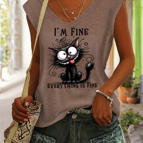 Resim Kadınlar için "Ben iyiyim, her şey yolunda" Karikatür Kedi Grafikli V-Yaka Atlet - Yumuşak Rayon Karışımı, Kısa Kollu, Oyunbaz Siyah Kedi Tasarımlı Günlük Yazlık Tişört, Kedi Giysileri 