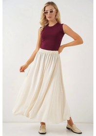 Resim Defymoda Uzun Ayrobin Etek 8050 - Krem Krem 