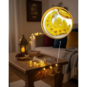 Resim Aesco Mey Ithalat® Minareli Hilal LED Işık Gold Metal Gövdeli Pilli Ramazan Dekoru 