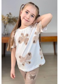 Resim Riccotarz Kız Çocuk Simli Kelebek Baskı Bisiklet Yaka T-shirt Bej Eşofman Takım Beyaz 