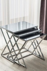 Resim Mobievim Venedik Füme Aynalı Zigon Sehpa 3’lü Set | Gümüş Metal Ayaklı, Modern Ve Şık Tasarım 