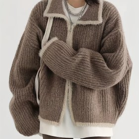 Resim Kadın Şık Kore Tarzı Hırka - Yaka Detaylı, Uzun Kollu, Bol Kesim, Renk Bloklu Kazak, Sonbahar/Kış için Kışlık Mont, Günlük ve Resmi Kombinler için Rahat Katmanlama Parçası, Kazak Hırka, Sonbahar Kış Giyim, Orta Esneklik 