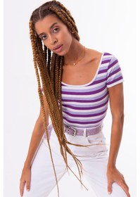 Resim Kadın Kare Yaka Detay Lila Çizgili Body-s Lila 