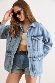 Resim Olalook Kadın Açık Mavi Kuşaklı 4 Cepli Denim Ceket CKT-19000503 