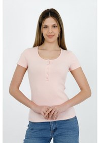 Resim Hdm Kadın Esnek Fitilli Yakası Çıtçıtlı Pembe Kısa Kol Basic Örme Bluz - H5993 