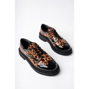 Resim MARSHETTA Leopatra Model Leopar Desenli Siyah Rugan Kadın Günlük Oxford Bağcıklı Ayakkabı 
