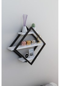 Resim Baklava Desenli 3 Katlı Duvar Rafı ,metal Çerçeveli Dekoratif Kitaplık, Modern Duvar Rafı, Salon Ve Ofis Duvar Dekoru Beyaz 