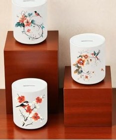 Resim Kuş ve Çiçek Deseni Baskılı 3'lü Seramik Kumbara 