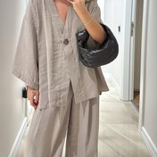 Resim Kadınlar için Şık Kahverengi Uzun Kollu Takım - Şık Düğmeli Blazer ve Geniş Bacaklı Pantolon, Polyester, Tüm Mevsim Giyim, Şık Ofis Kıyafeti, Ofis Kıyafeti|Şık Düğmeli|Polyester Kumaş 