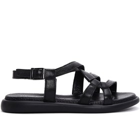 Resim Women's Black Ankle Strap Leather Comfort Sandals 