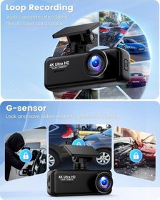Resim 4k + 1080p Dash Cam Ön Arka Kamera, Wifi, 64gb Sd Kart, Ultra Gece Görüşü, G-sensör, Döngüsel Kayıt 